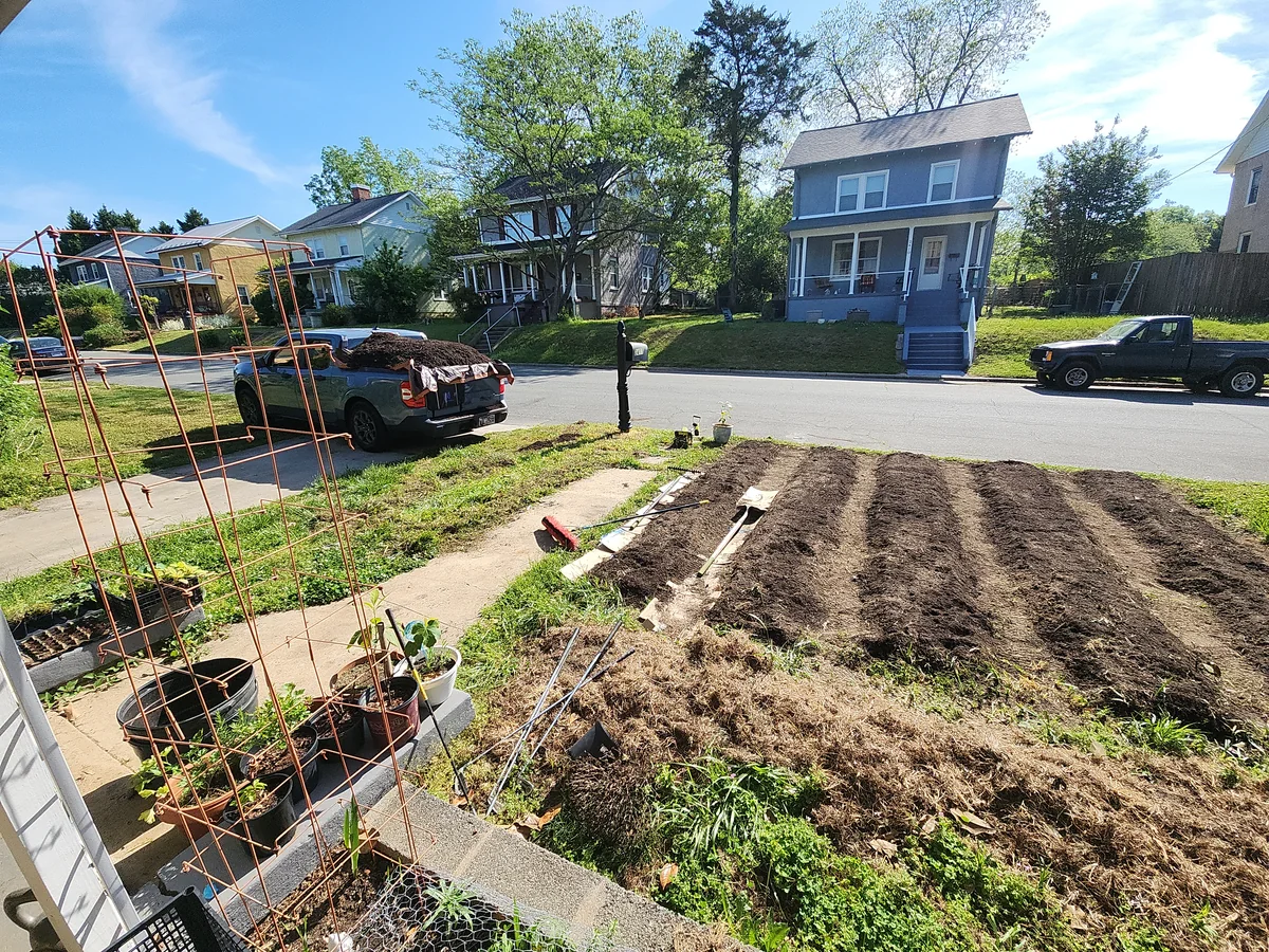 New planting rows shaped in the front yard
