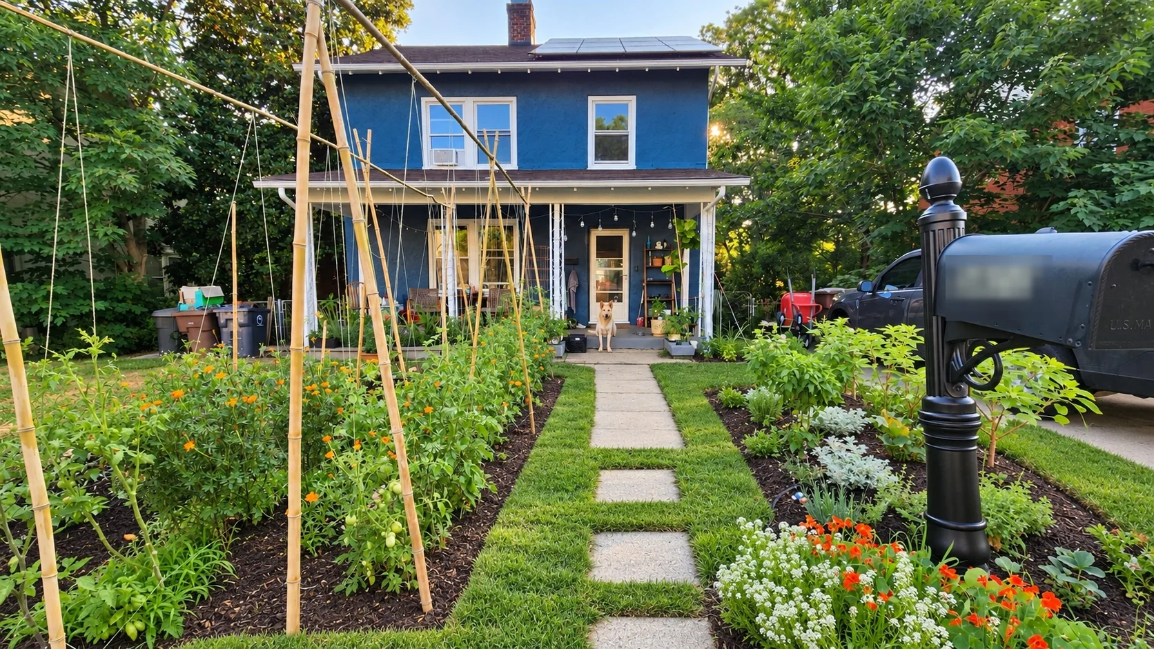 Edged planting beds, flowers, vegetables, and bamboo supports leading to a house with a dog on the porch